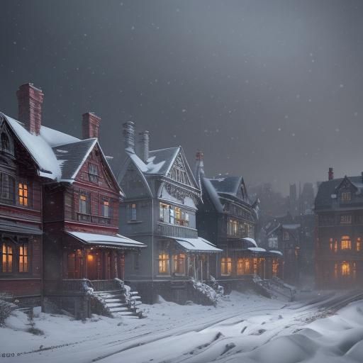 Victorian Houses in Winter Snow, Detailed Digital Painting