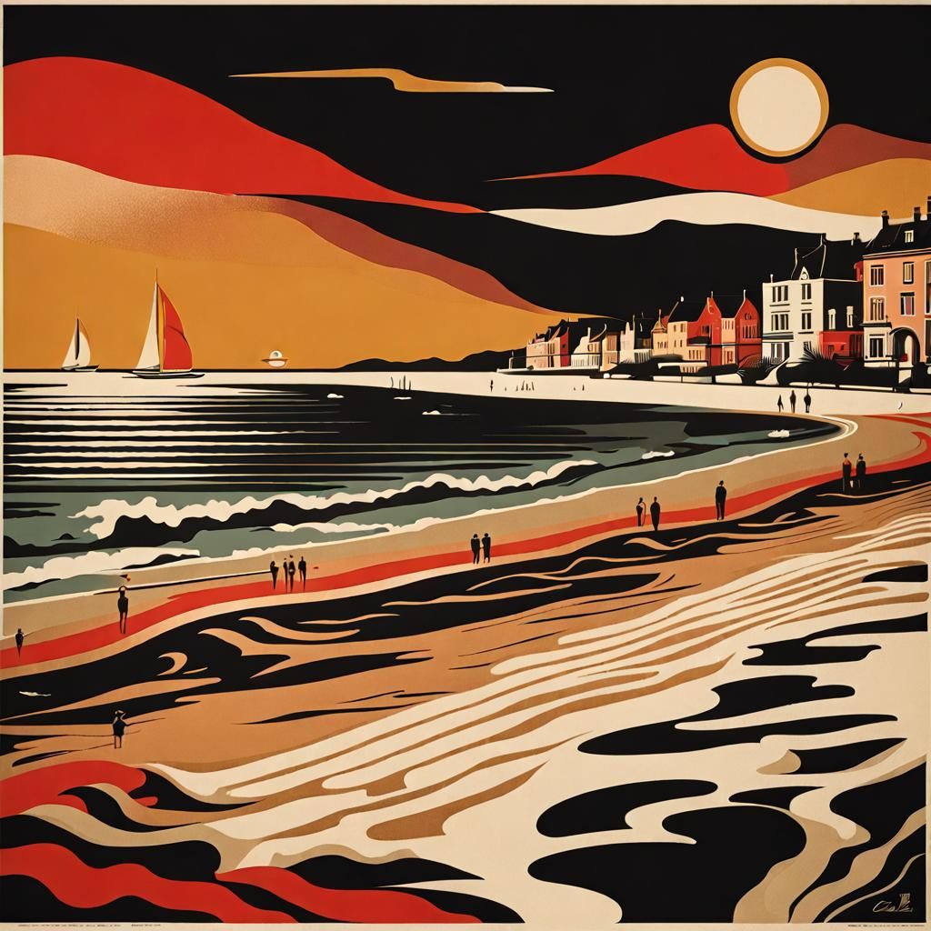 Retro Seaside Poster in Black, Gold and Copper