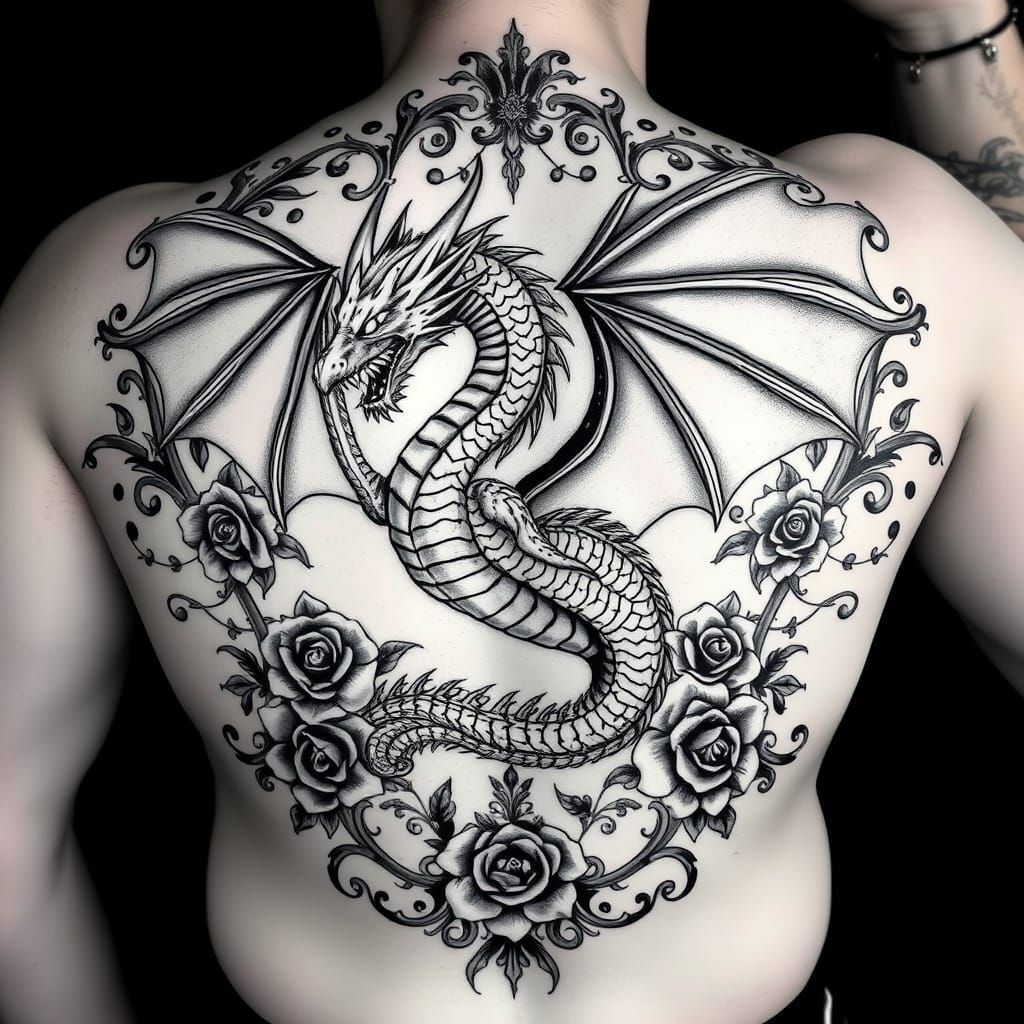 Elegant Gothic Dragon Tattoo in Black and Grey