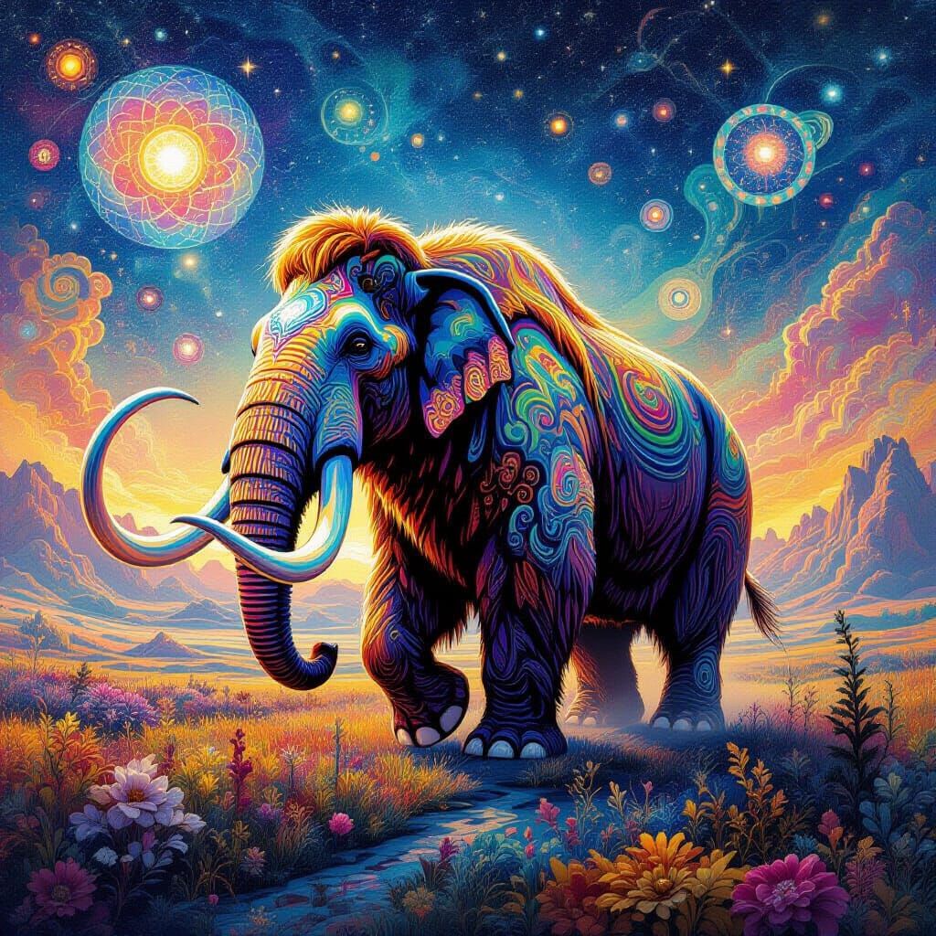 Woolly Mammoth in a Vibrant Astral Landscape