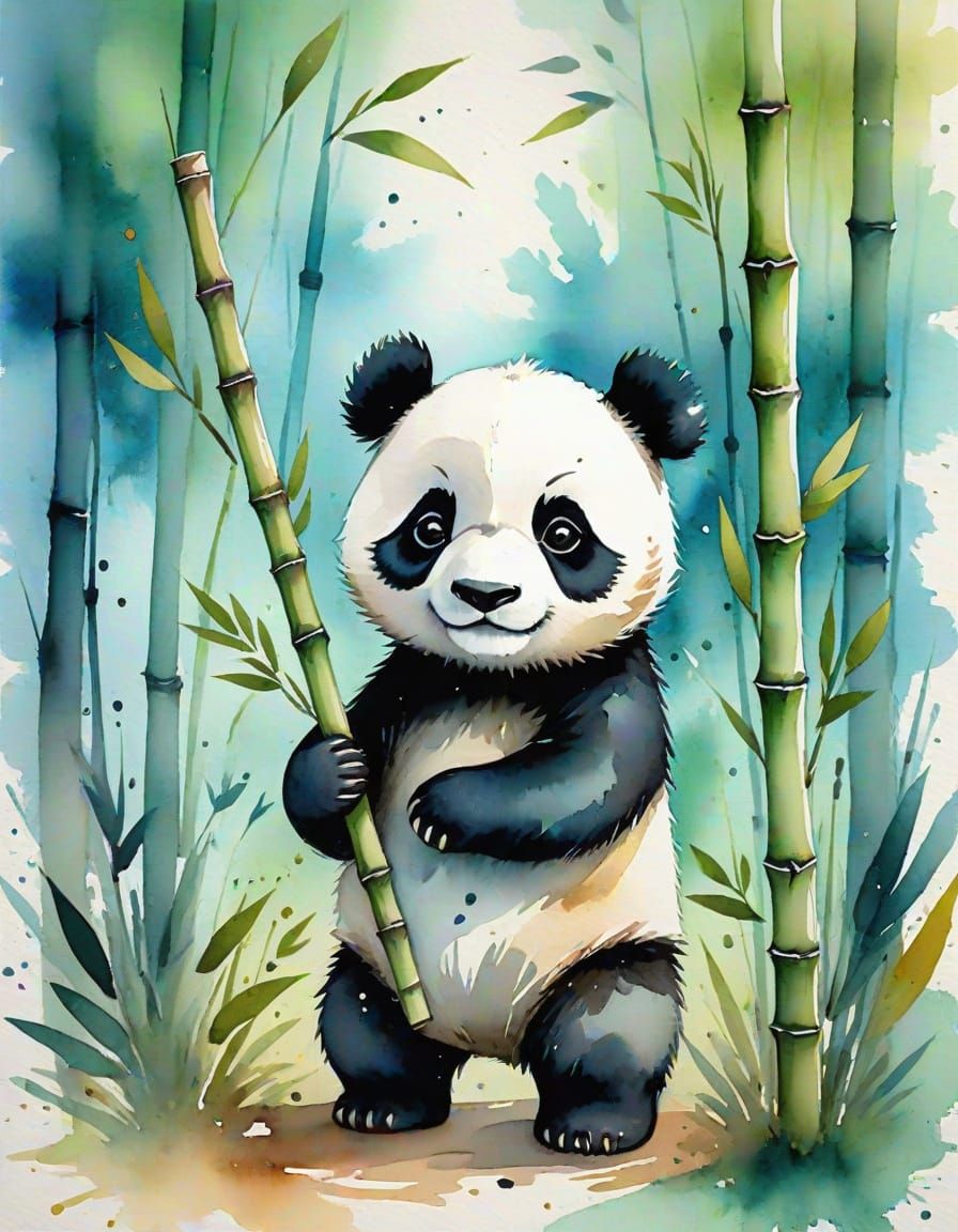 Whimsical Chibi Panda in Serene Forest Watercolor Art