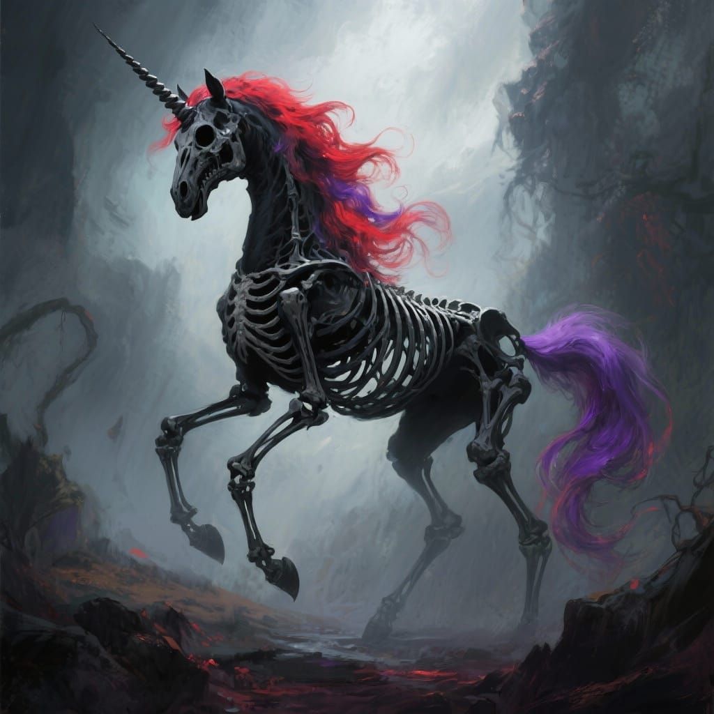 Skeletal Unicorn with Red and Purple Mane in Dark Fantasy St...