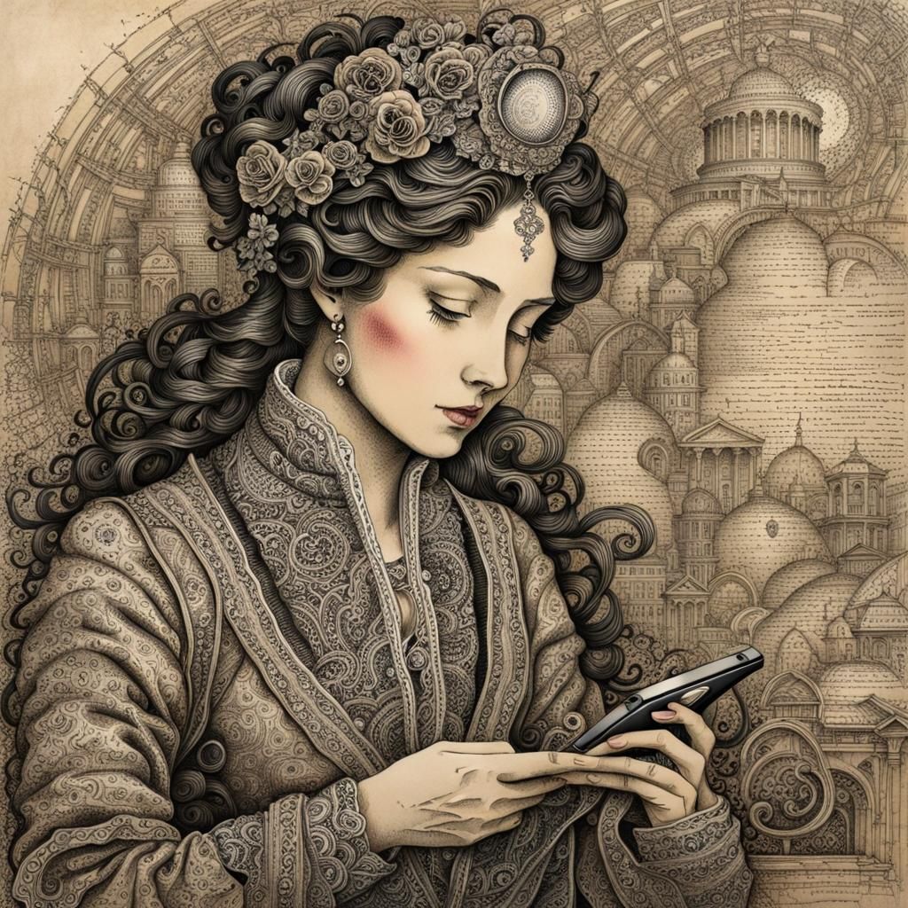 Tired Person with Phone: Pen and Ink Rococo Drawing