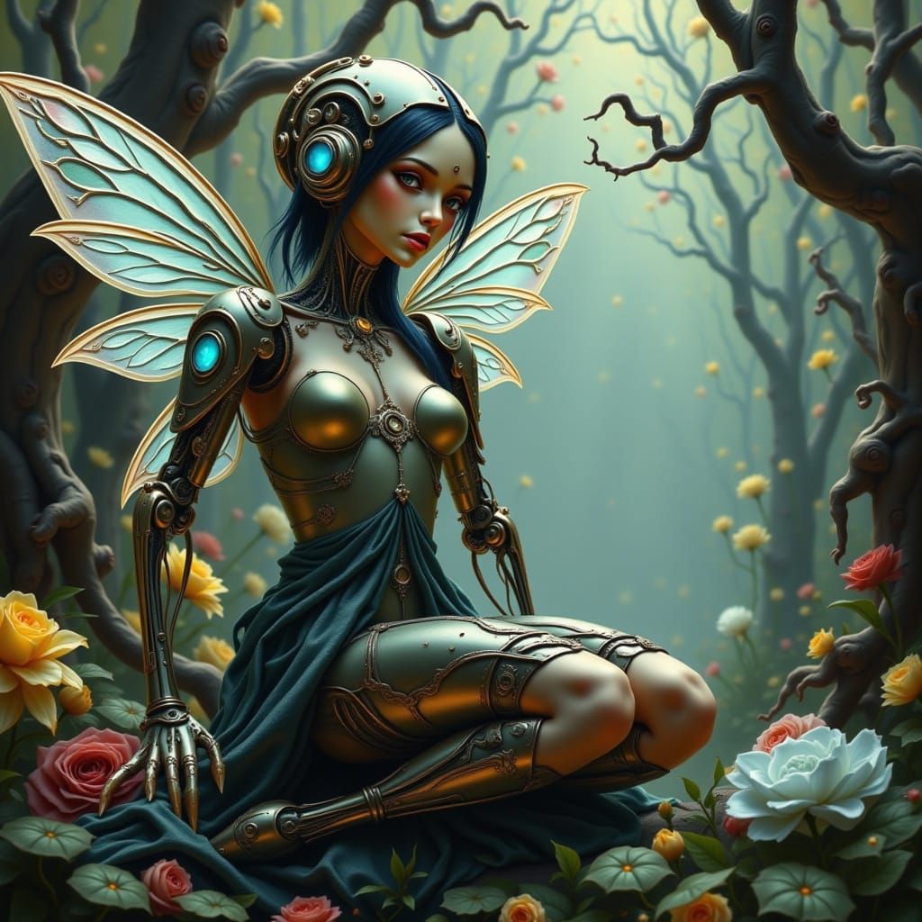 Cyborg Fairy in Whimsical Steampunk Dreamscape
