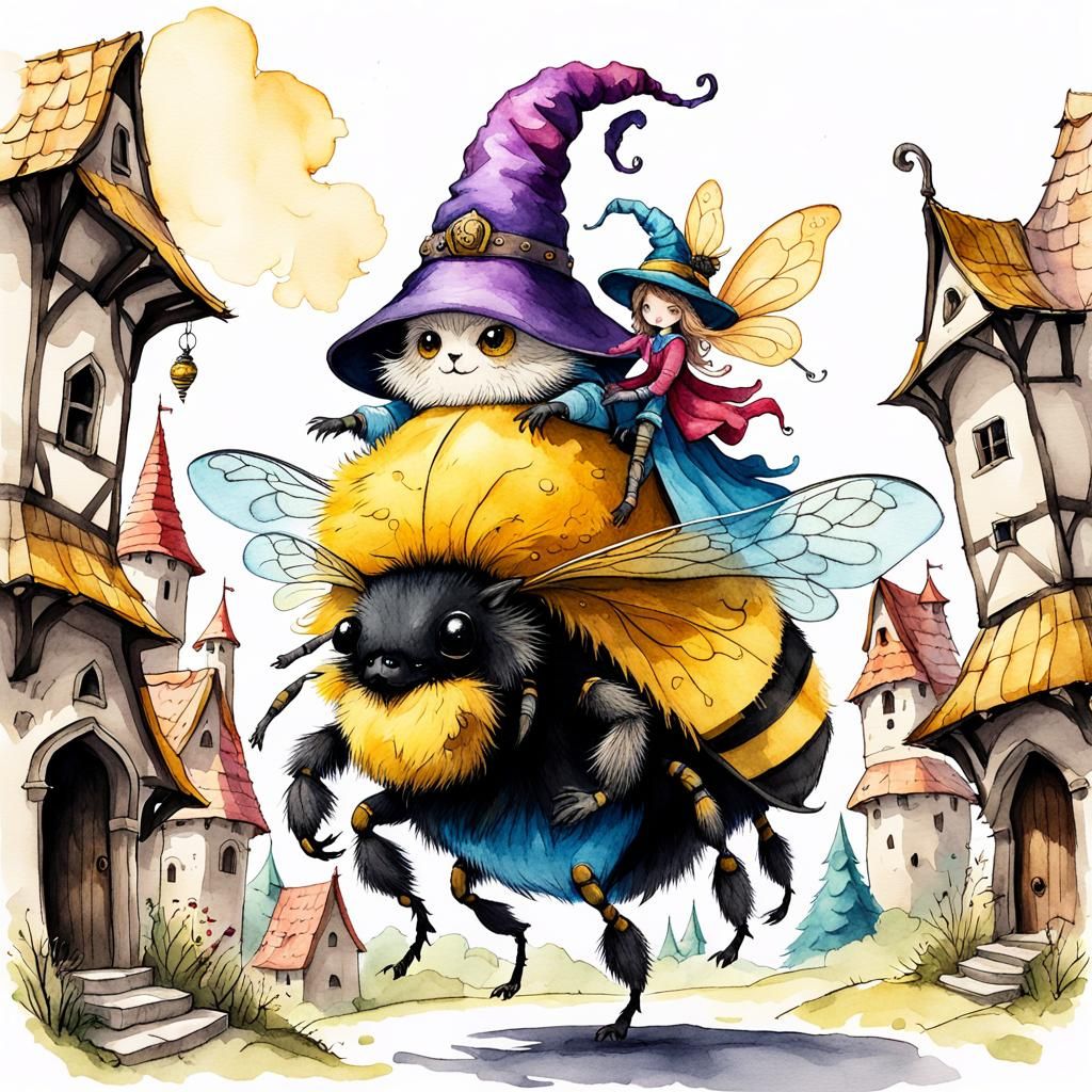 Whimsical Creature Rides Bumblebee Through Fantasy Village
