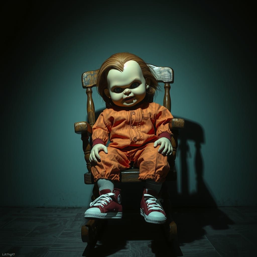 Chucky Doll in Rocking Chair, Gothic Horror Style