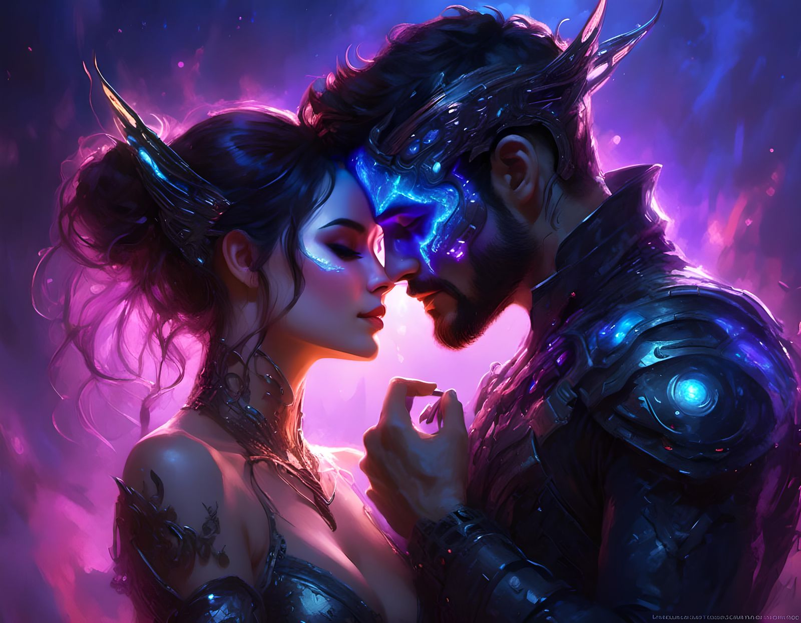 Cyborgs Kissing in Post-Apocalyptic Cyberpunk Landscape