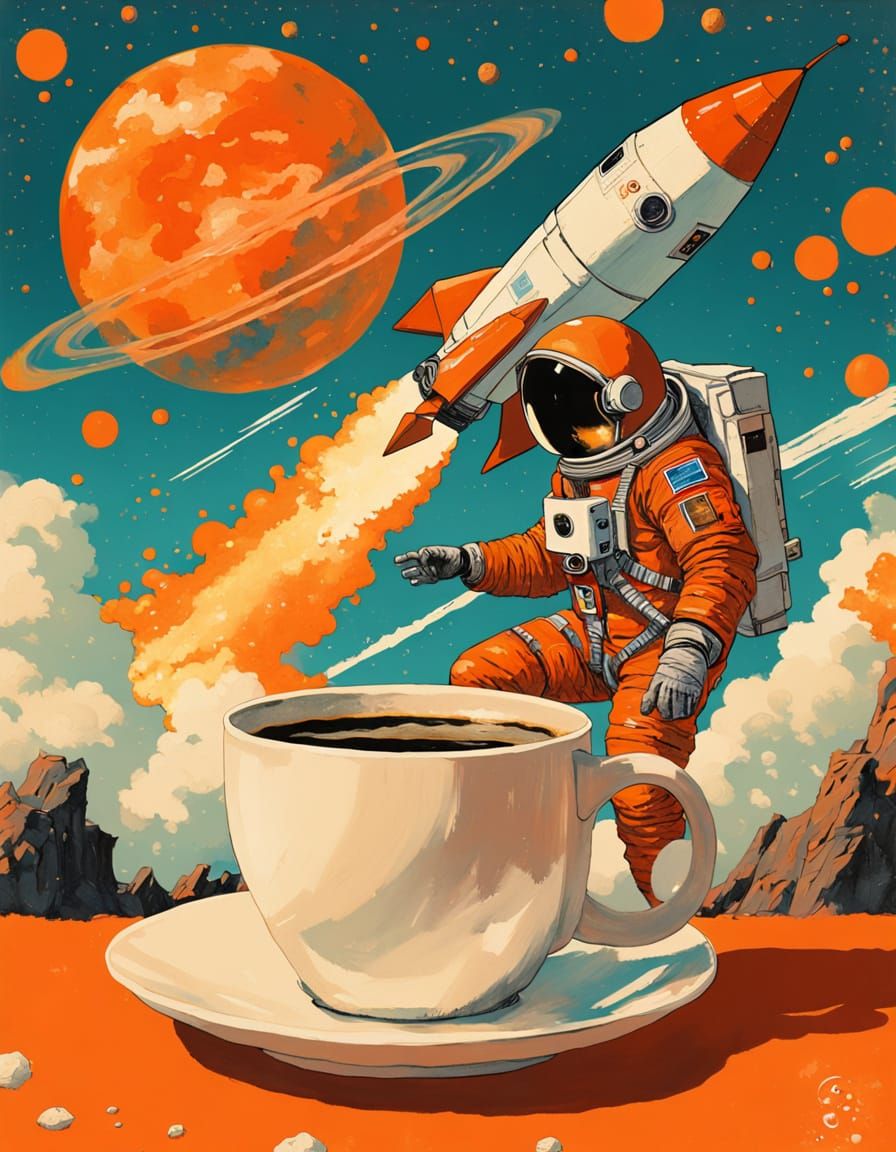 Astronaut Watches Rocket Launch from Coffee Mug
