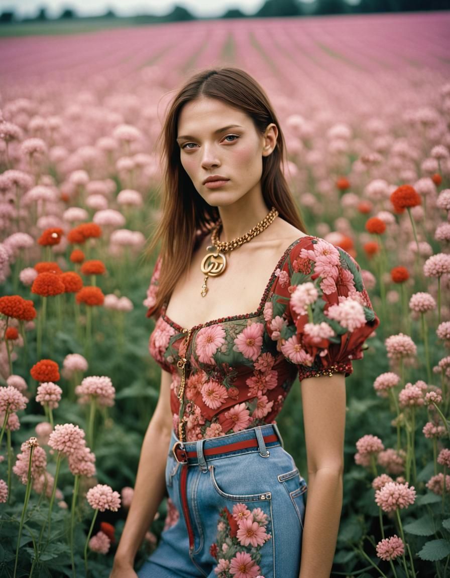 full scene photography, beautiful Gucci model posing in flower field in 2002, Kodak Portra 160, full body, depth of fiel...