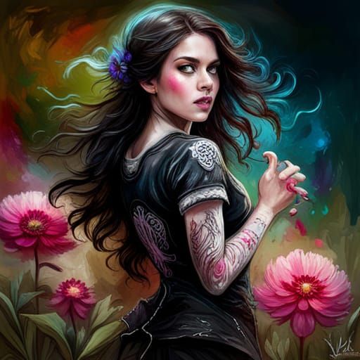 Chibi Yennefer in Peony Garden: Digital Art