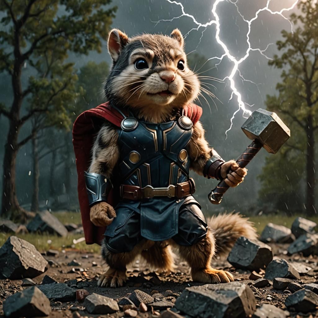 Thor as Chipmunk Cracks Nuts with Mjolnir