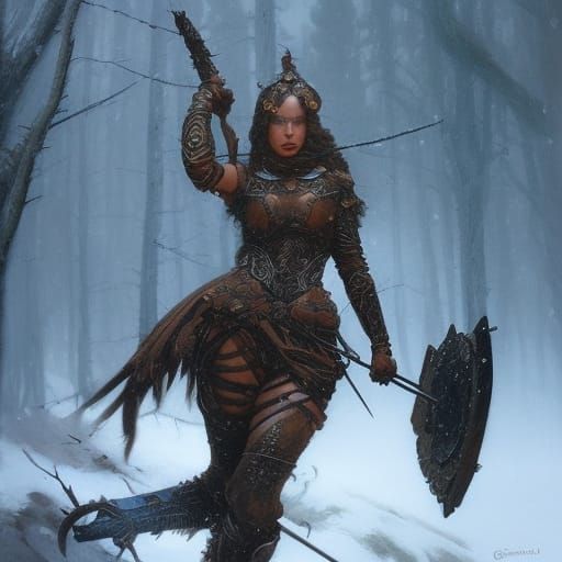 Female Warrior in Snowy Forest, Dark Fantasy Art