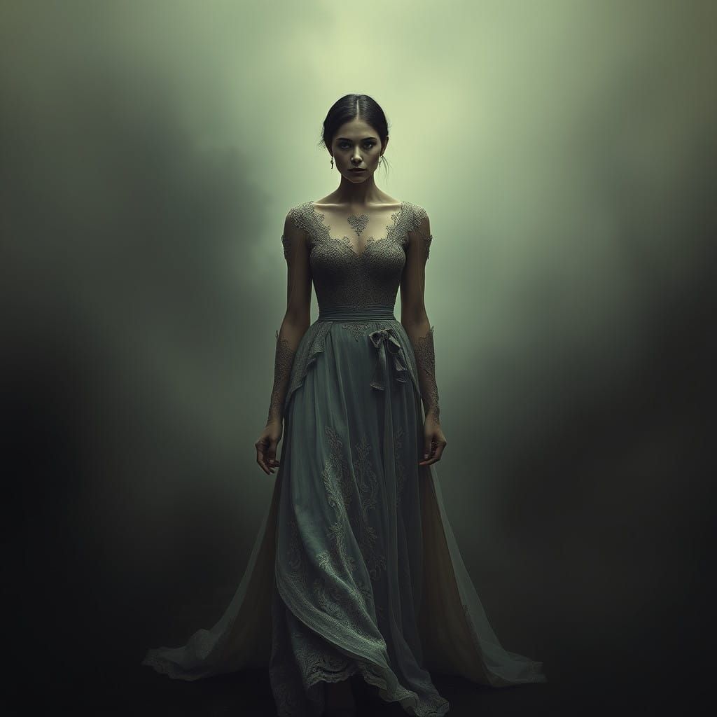 Ethereal Woman in Victorian Gown, Surrounded by Shadows and....