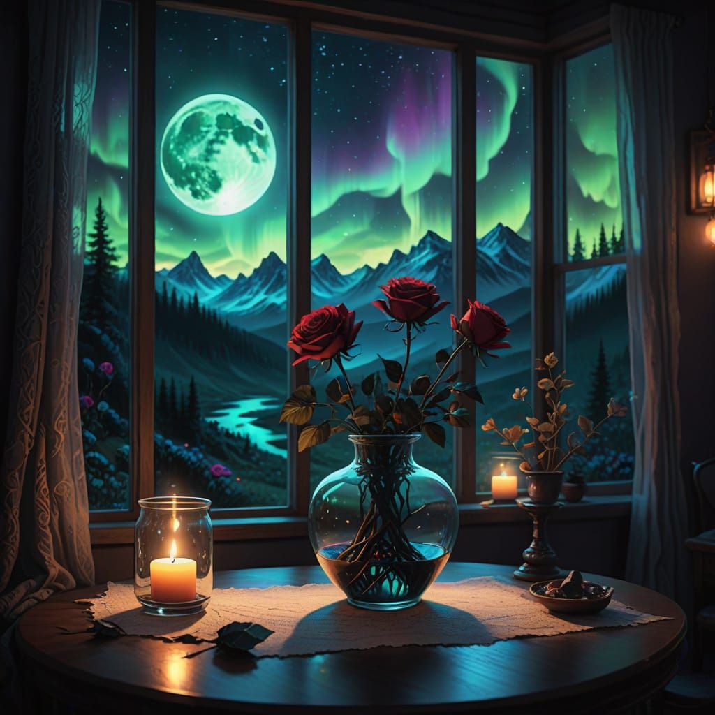 Glass Vase with Black Roses Under Northern Lights