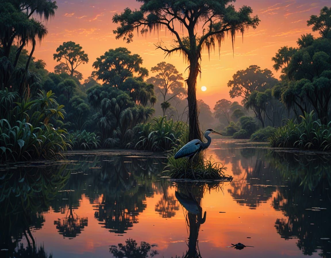 Lush Bayou Twilight with Blue Herons in Hyper Realistic Acry...