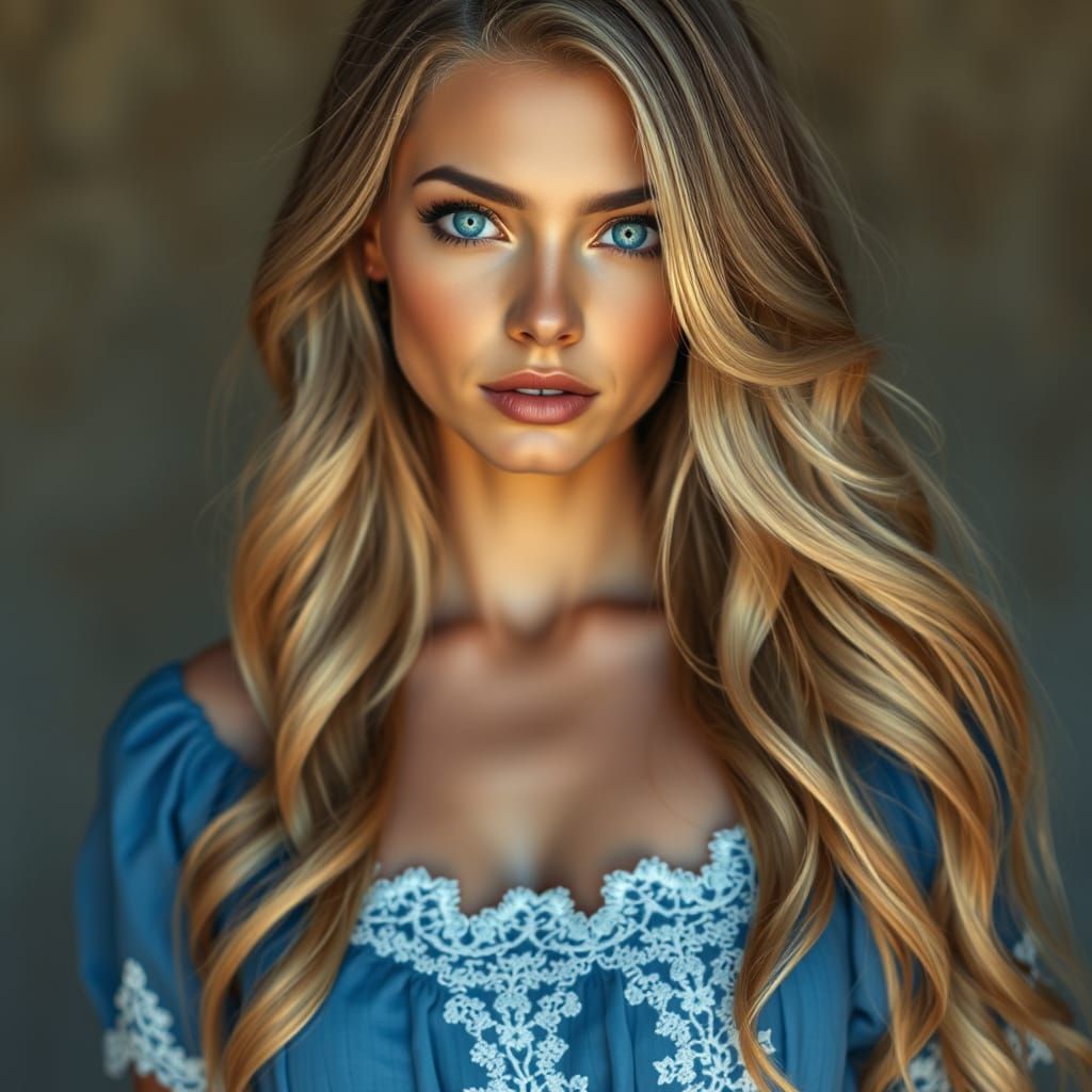BEAUTIFUL WOMAN with long, wavy blonde hair cascading over her shoulders. She has bright blue eyes and a fair complexion...