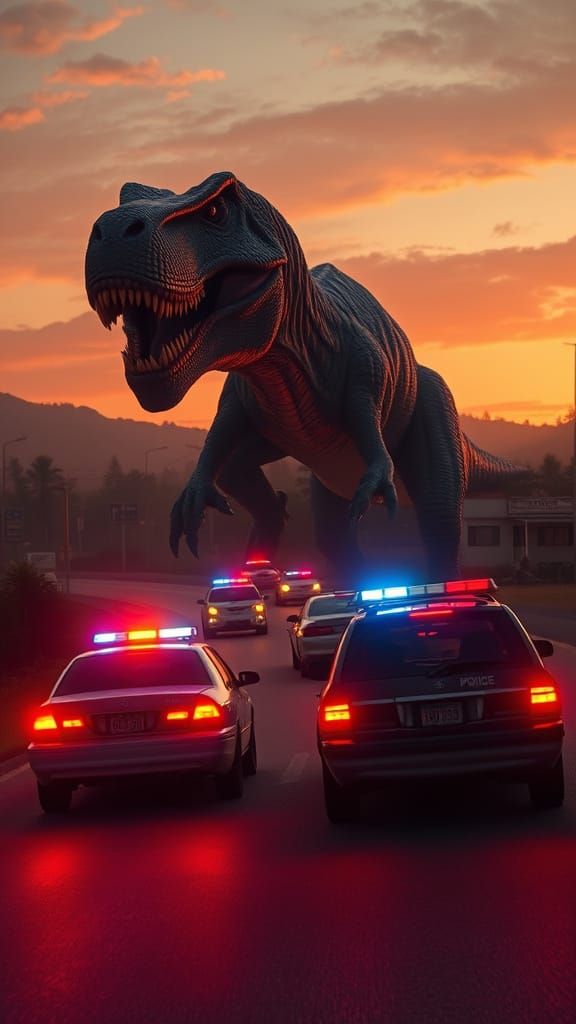 Police Cars Chase Dinosaur on Highway