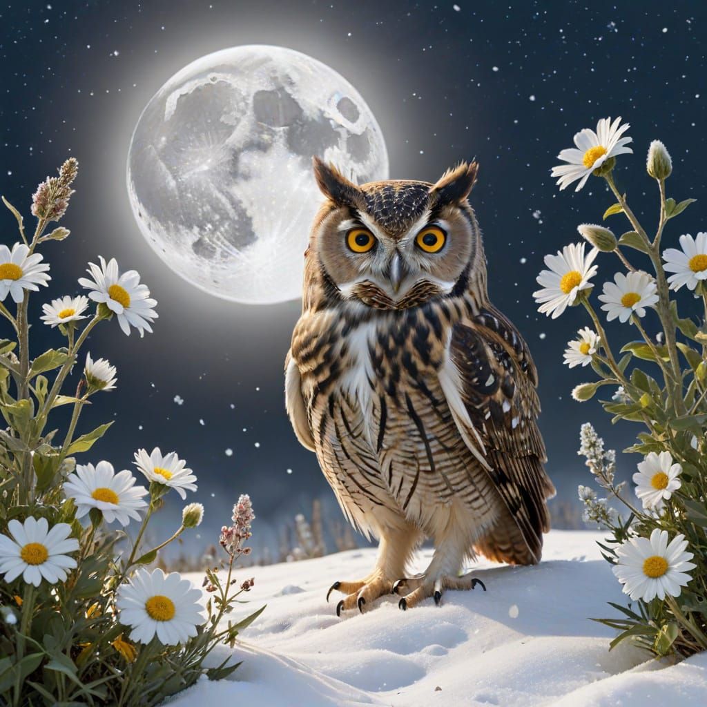 Moonlit Owl Returns in a Whirlwind of Snow and Blooming Flow...