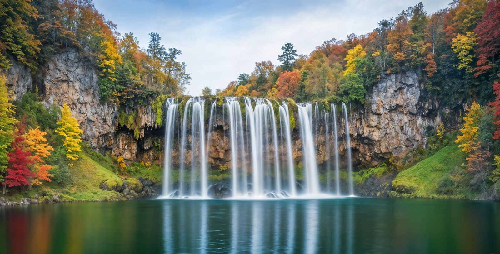 Realistic Waterfall in Autumn Colors Reflected in Lake