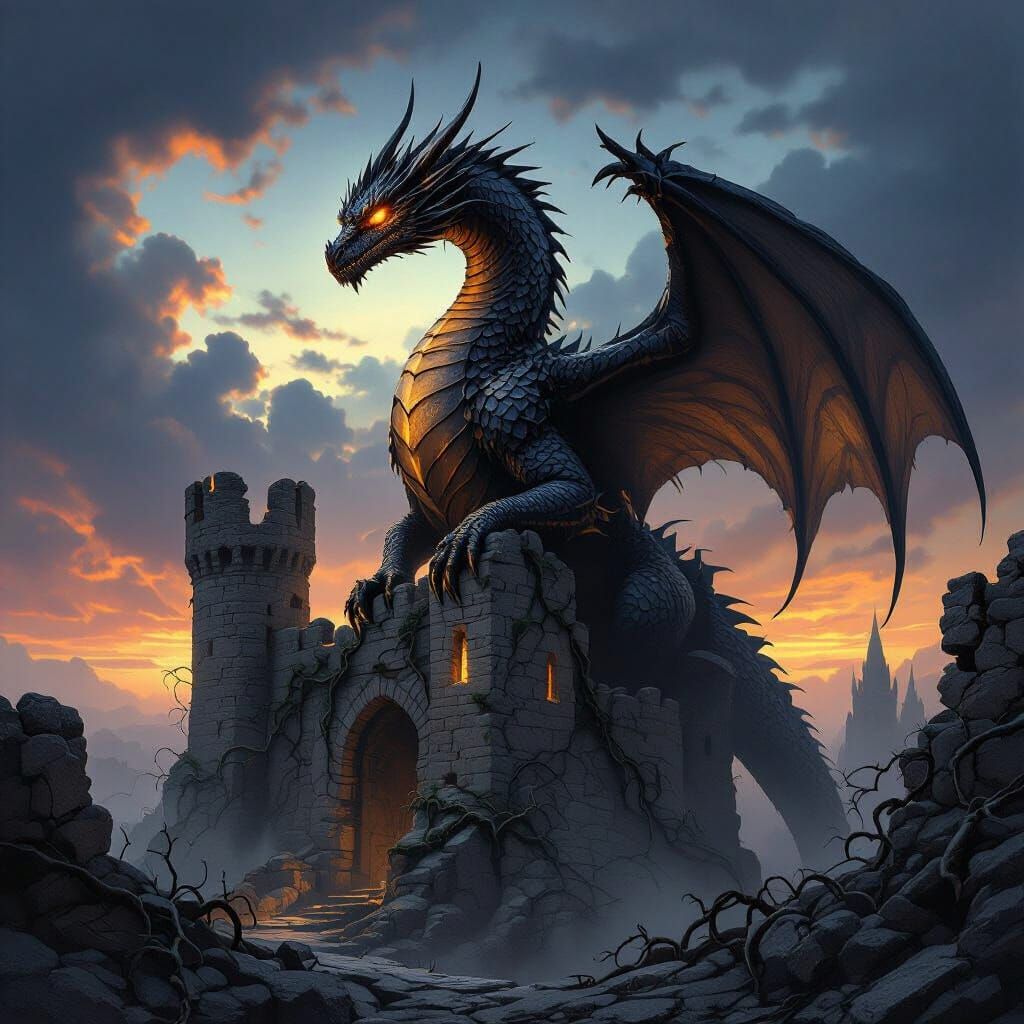 Ancient Obsidian Dragon on Castle Ruins in Twilight