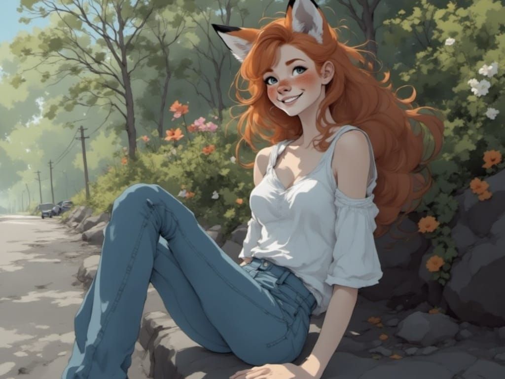 Fox-girl Vixen sitting near some flowers