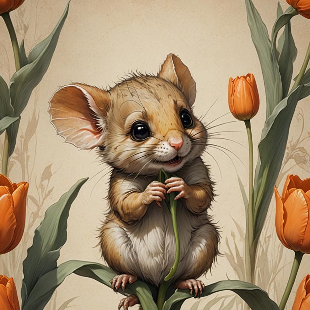 Chibi Dormouse and Tulip in Soft Colors