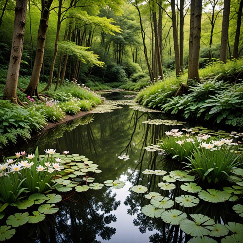 Forest Pathway Leads to Pond with Beautiful Flowers