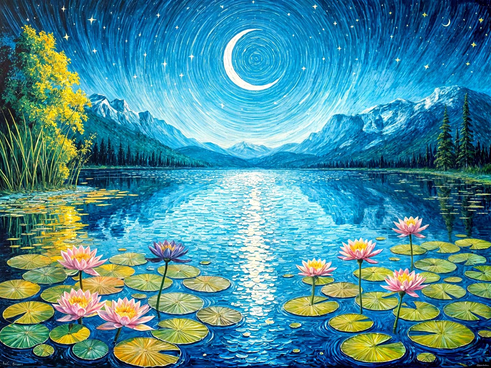 Water Lilies at Night in Impasto Style