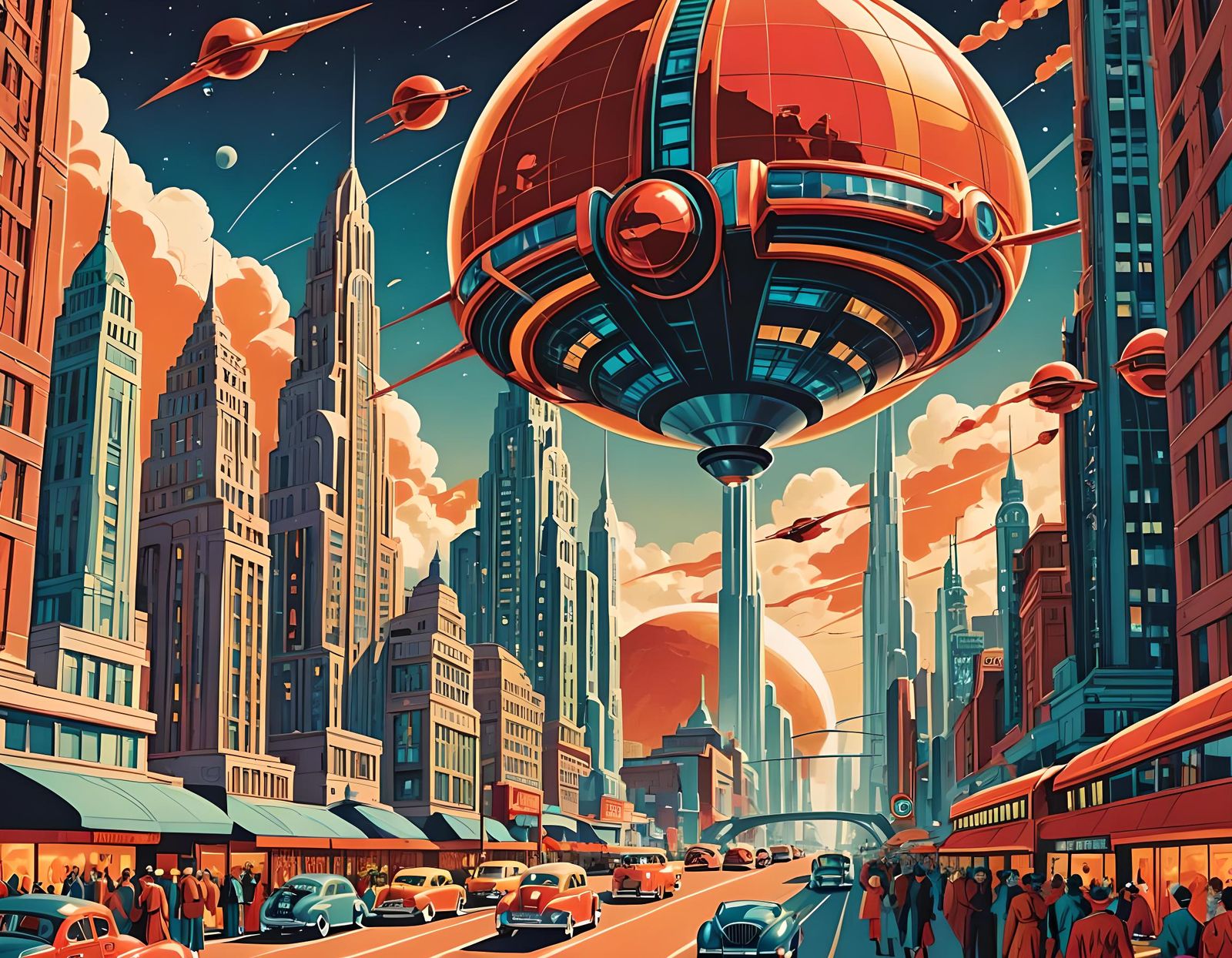 Retro-Futuristic Cityscape in 1940s Vector Art Style
