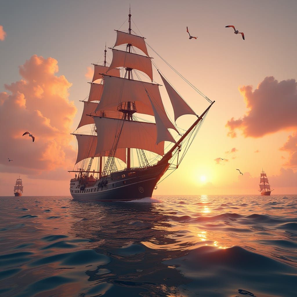 Sailing Ship at Sunset: Detailed Matte Painting