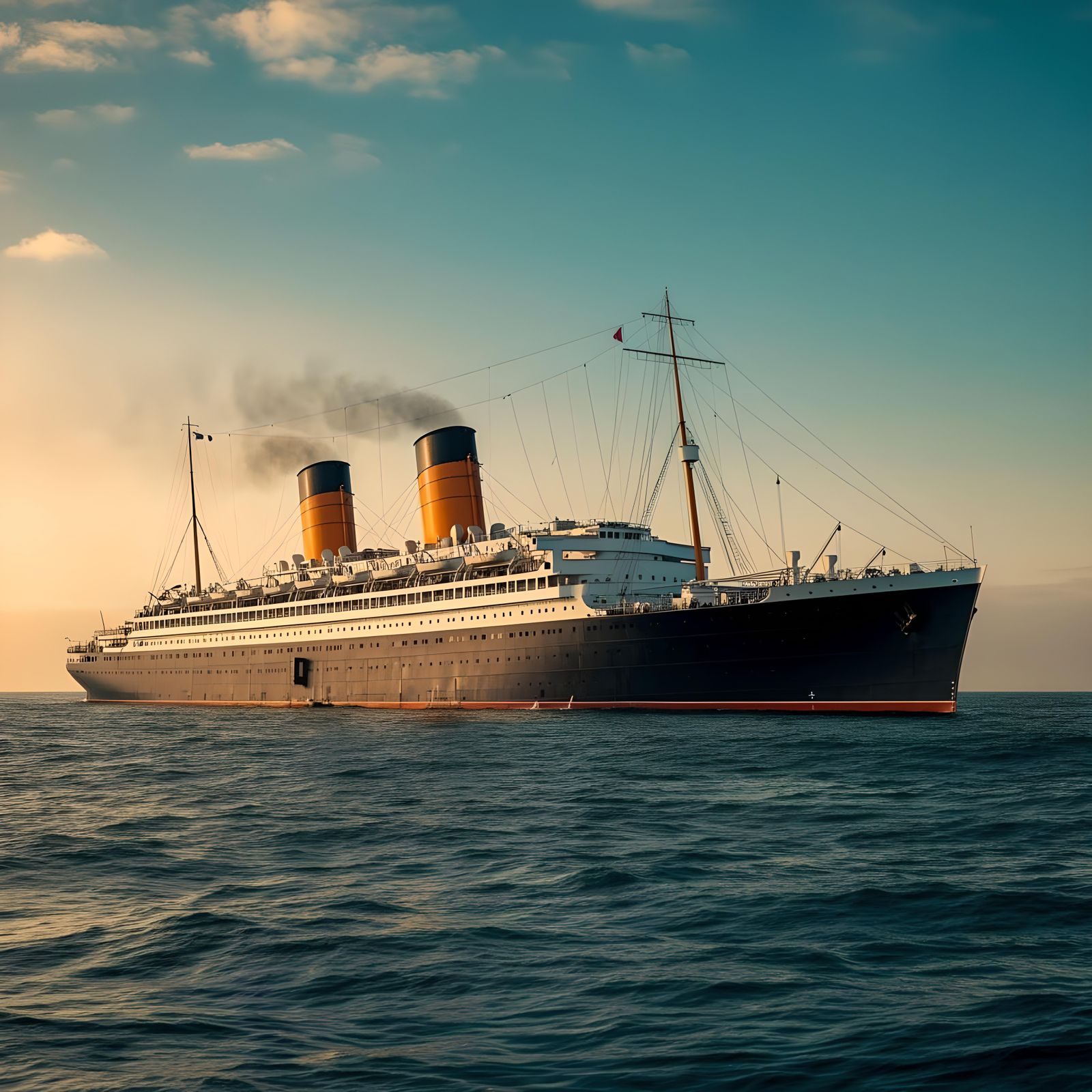 Historic Ocean Liner at Sunset: Cinematic Film Still