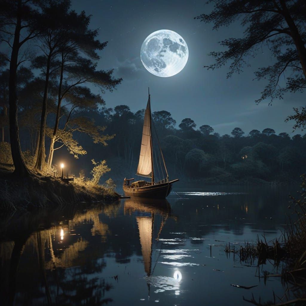 Serene Woodland Lake Scene under Moonlight