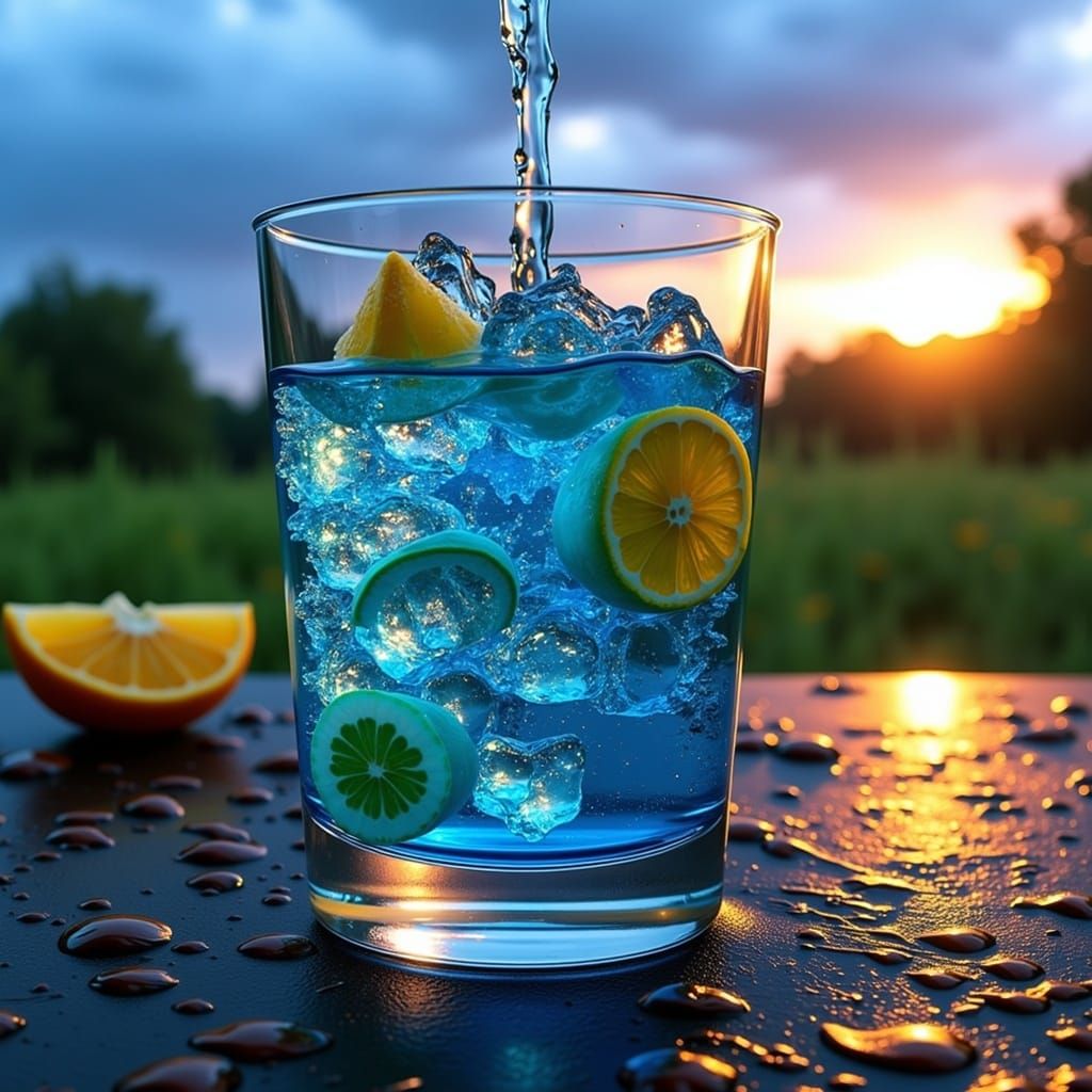 Glass of Blue Curaçao & Soda Water on Cloudy Day