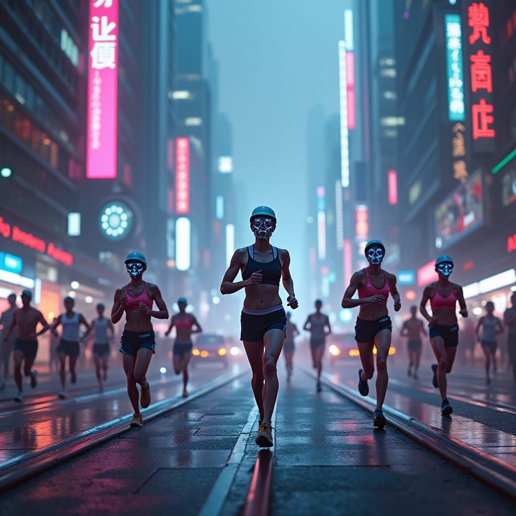 Neon-Lit Futuristic Marathon in a Dystopian Metropolis