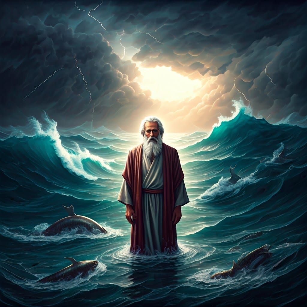 God's Love Amidst Turbulent Seas in Dramatic Chiaroscuro Sty...