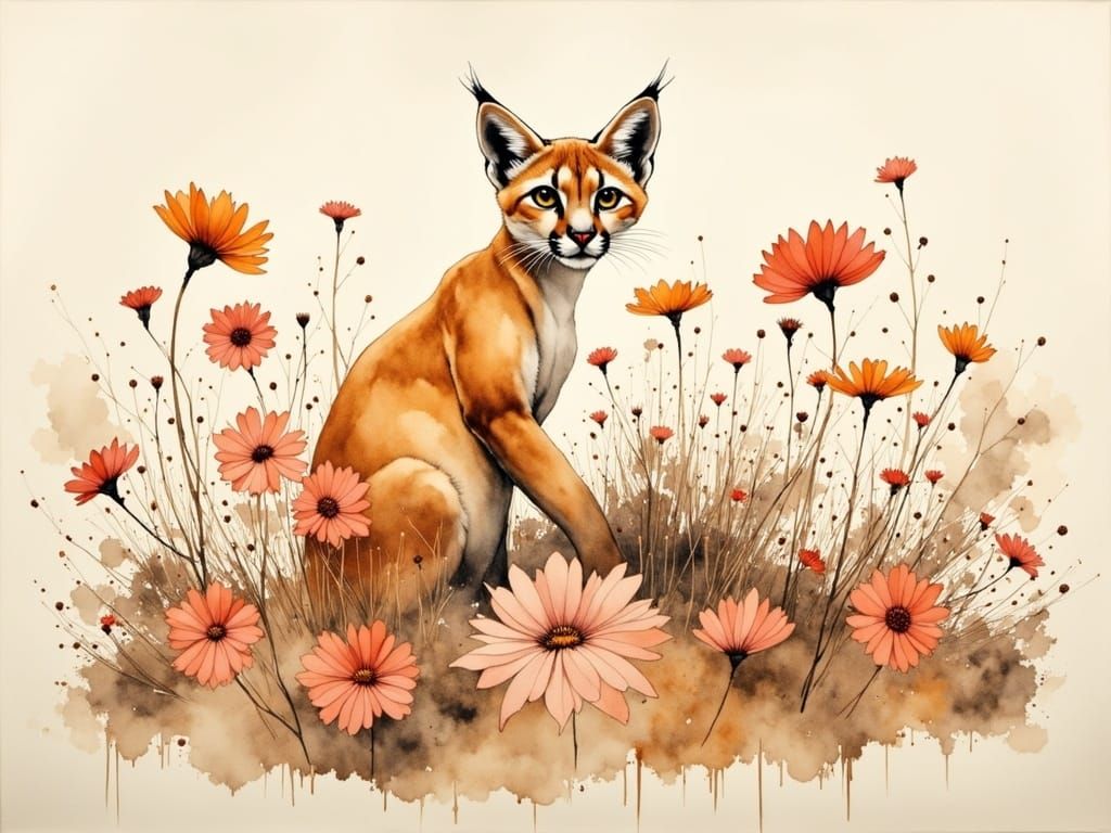 Mountain Lion Amidst Whimsical Wildflowers in Bohemian Style