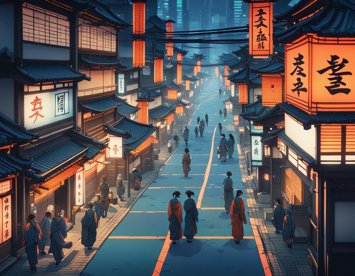 Neon Tokyo in Traditional Japanese Woodblock Style