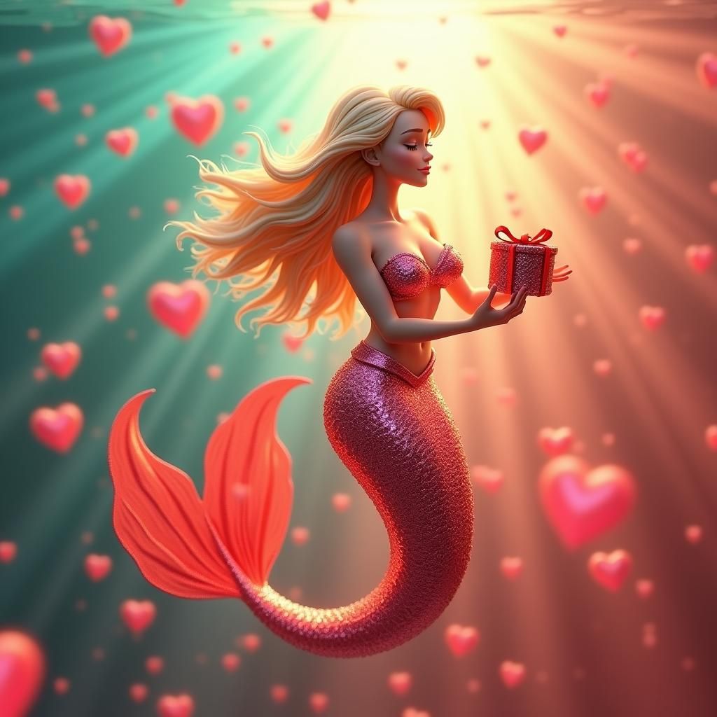 Valentine Mermaid with Chocolate Box in 3D