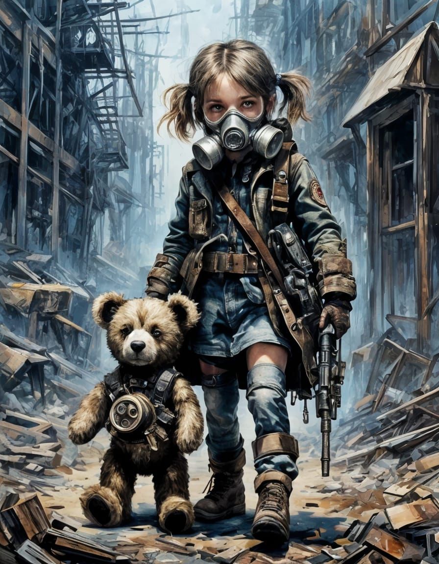 Dieselpunk Girl with Teddy in Wasteland Setting