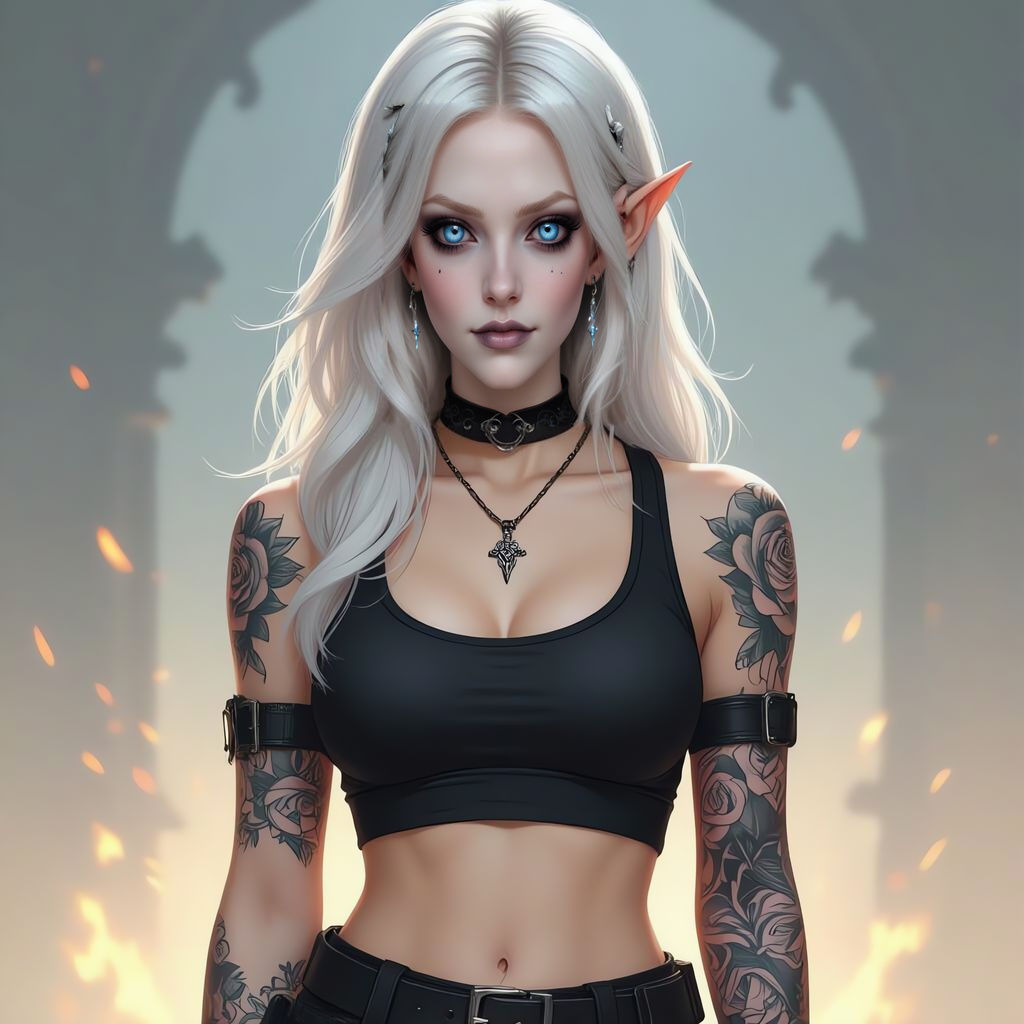 Elven Woman with Platinum Blonde Hair and Rose Tattoos