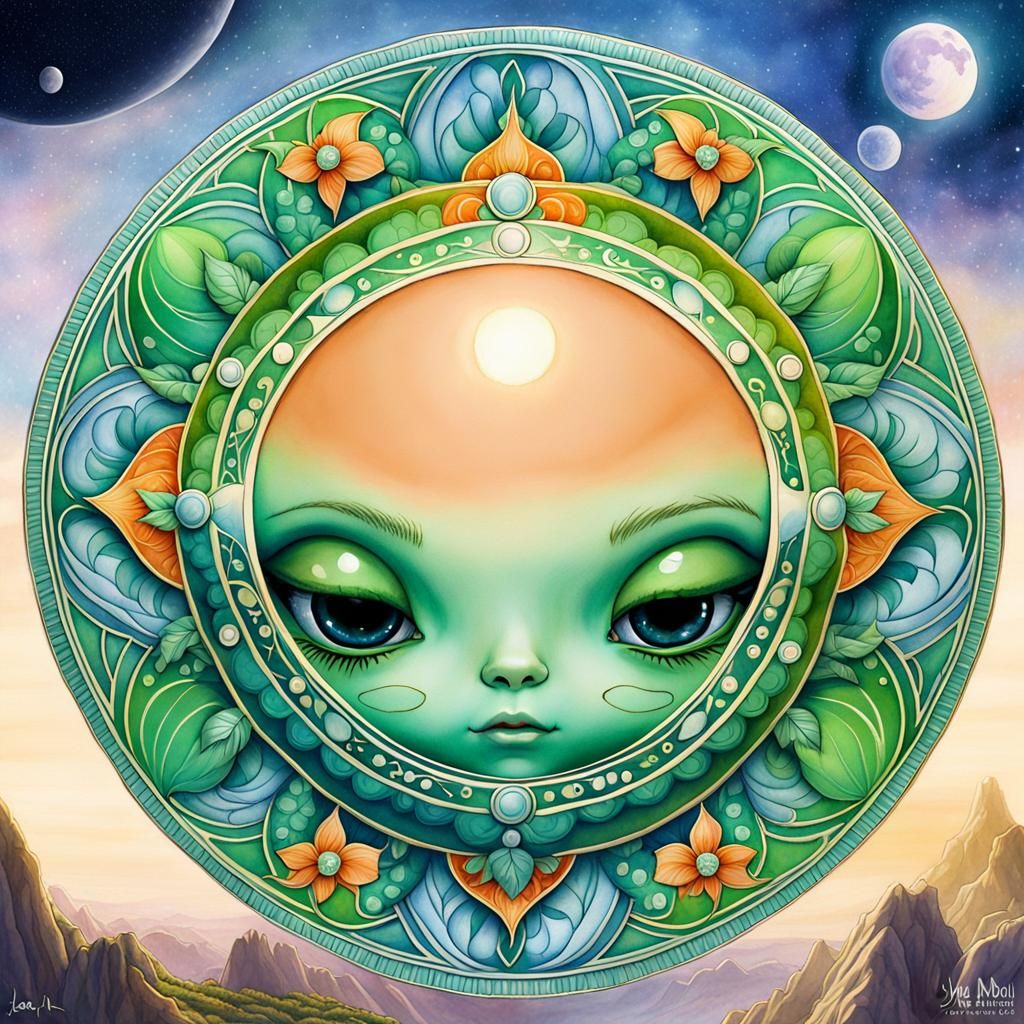 Green Alien in Mandala, Detailed Digital Art