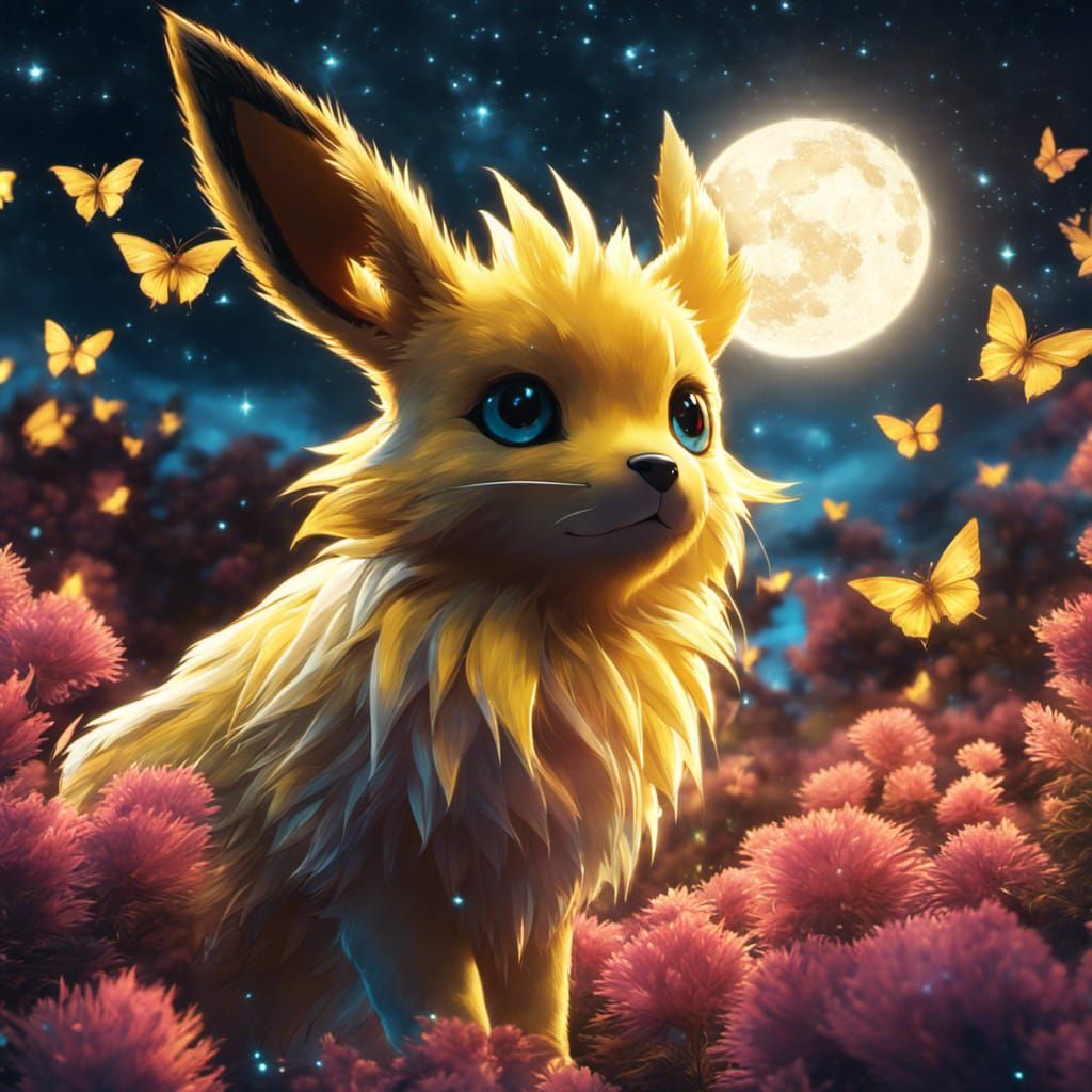 Bioluminescent Jolteon Pokemon Amidst Nebula Constellation