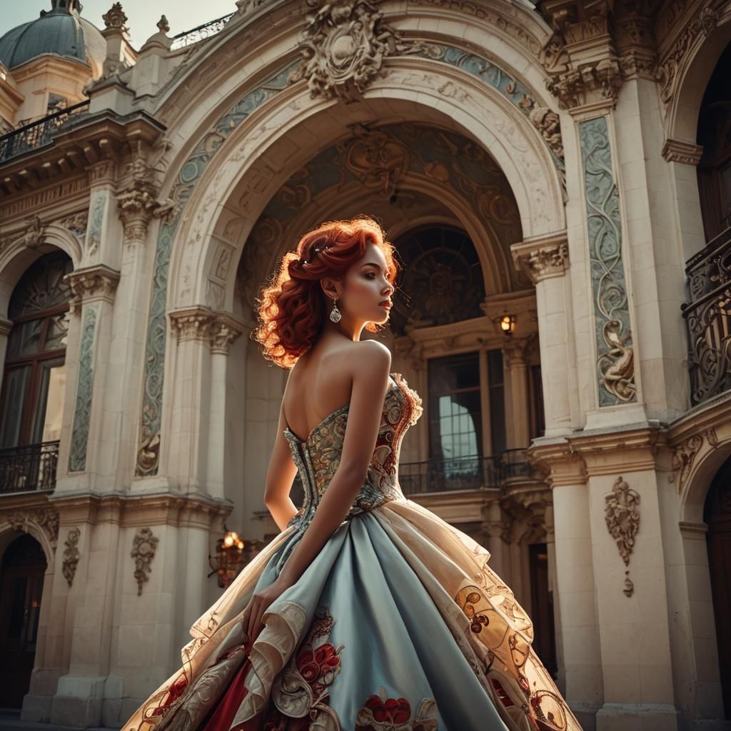 Hispanic Model in Ballgown with Rococo Architecture