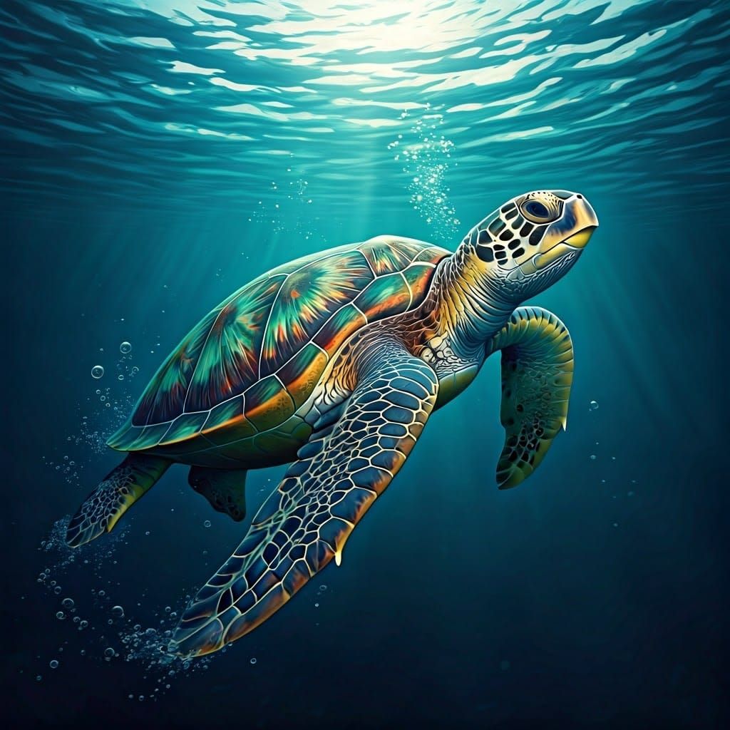 Turtle Glides through Sapphire Waters with Iridescent Shell
