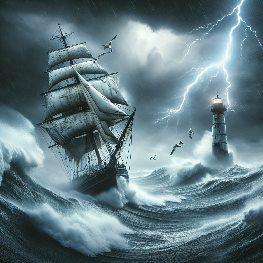 Sailboat Navigating Stormy High Seas with Lighthouse
