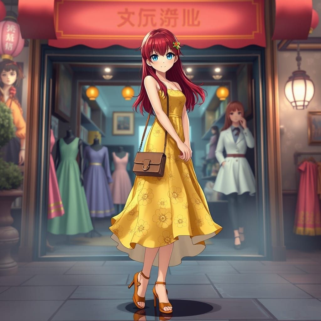 Fantastical Anime Girl in Whimsical Dress Shop