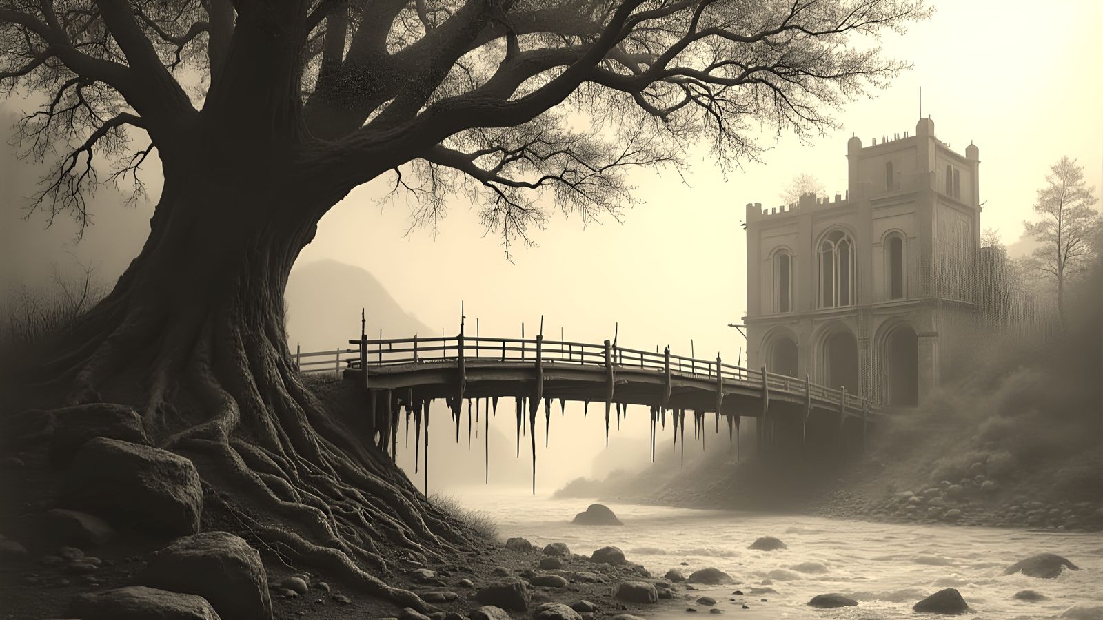 Dystopian Tree and Bridge Painting in Fine Ink