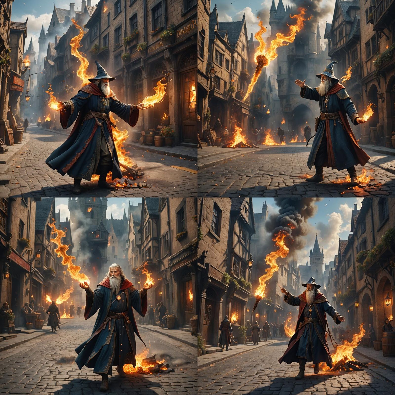 Medieval Wizard Casting Fire Spell in City Street