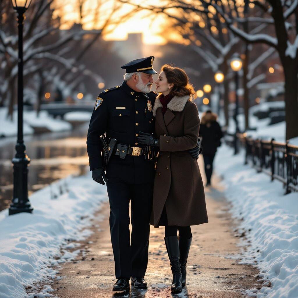 Elder Policeman Kisses Woman in Snowy Park Alley
