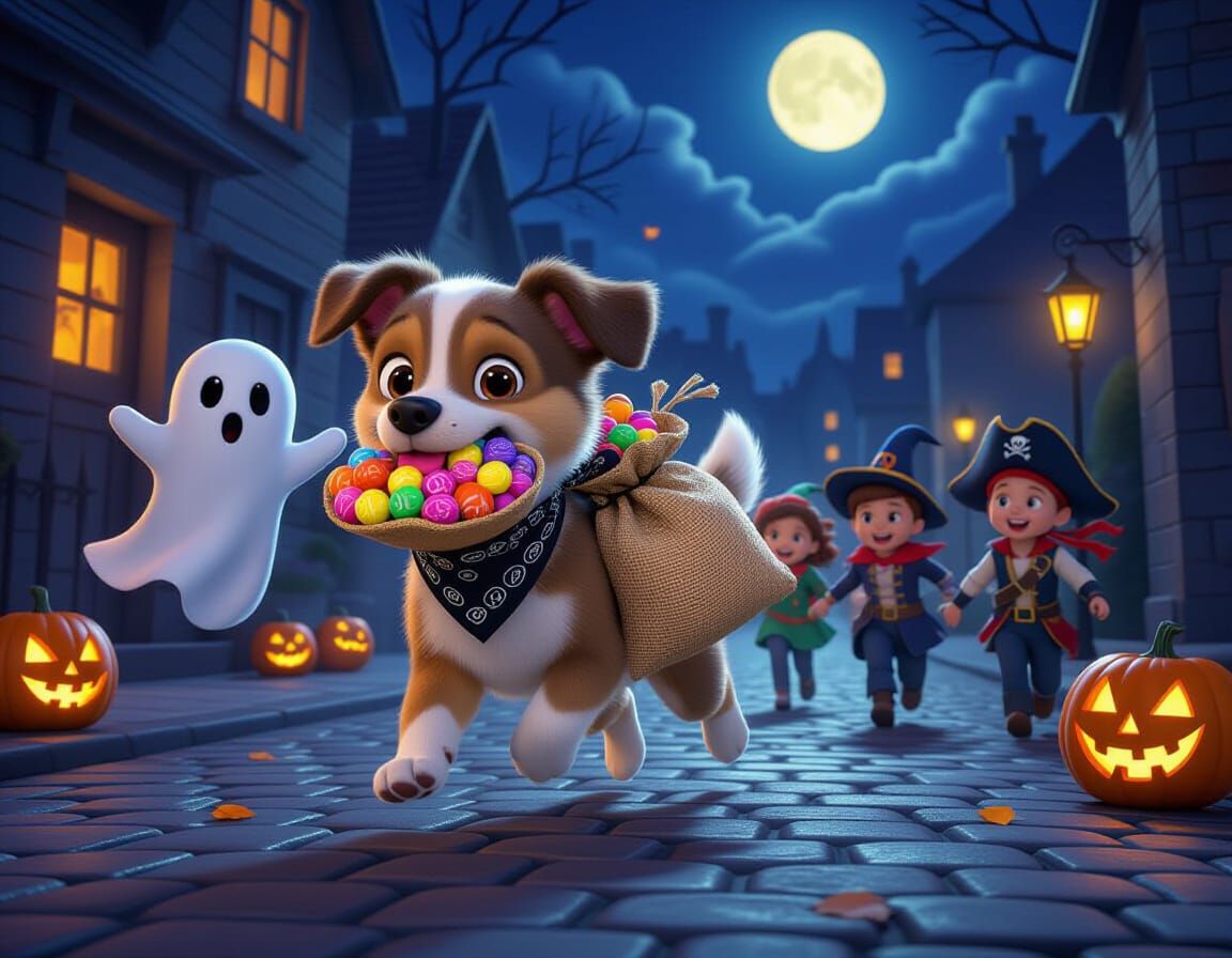 Halloween Dog Chased by Costumed Children in Digital Art Sty...